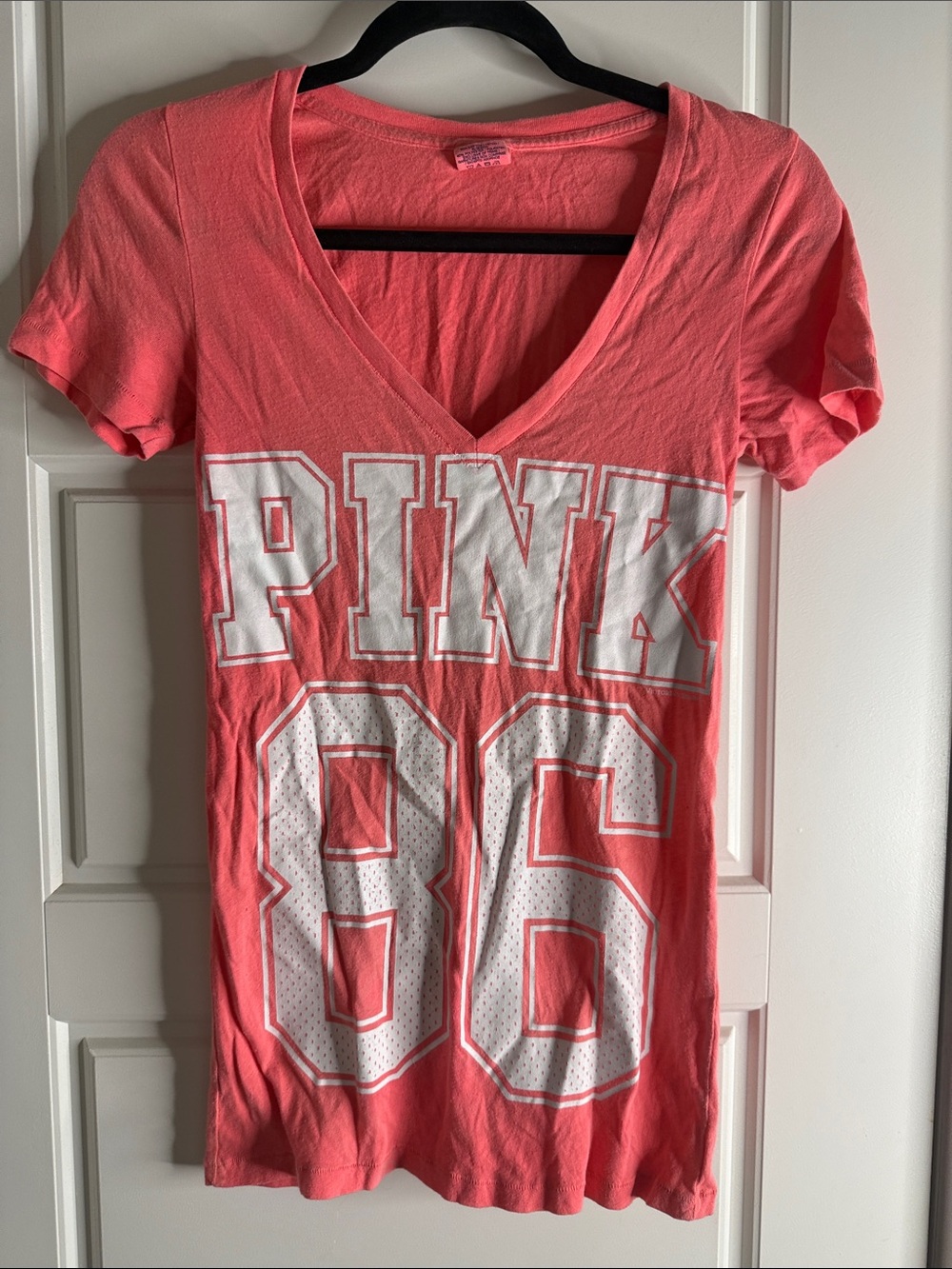 PINK Victoria's Secret Coral V-Neck Jersey Tee with White Graphics